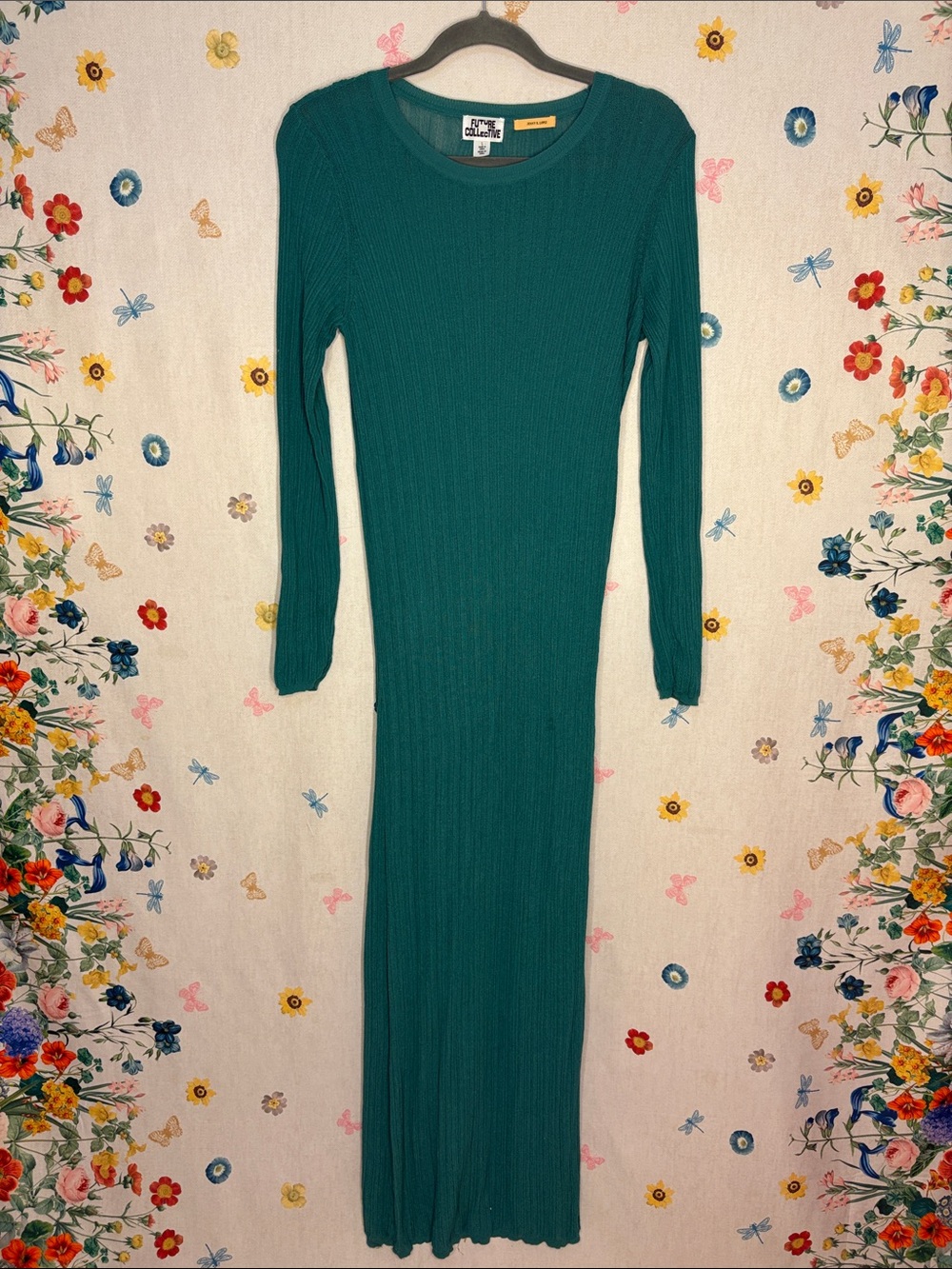 Future Collective - Turquoise Ribbed Knit Long-Sleeve Maxi Dress